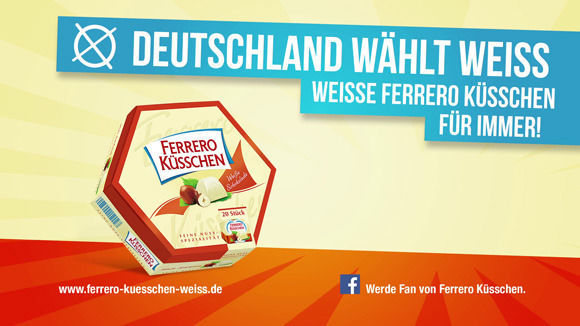 Die Kampagne für "Weisse Ferrero Küsschen" ist diese Woche im Fernsehen angelaufen. Die Kampagne für "Weisse Ferrero Küsschen" ist diese Woche im Fernsehen angelaufen.