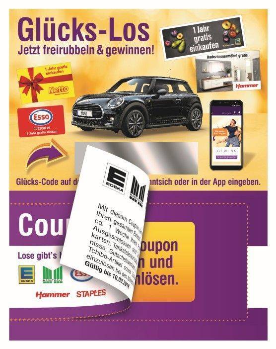 Gewinnoption: Deutschlandcard-Teilnehmer bekommen bei jedem Einkauf am POS ein Los mit einem Coupon und einem Glücks-Code.