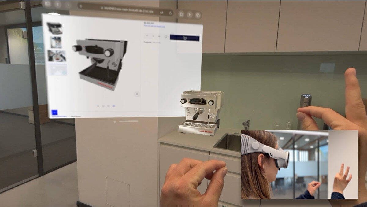 Shopware AR-Feature im Onlineshop im Einsatz: Kaffeemaschine wird virtuell in der Küche platziert.