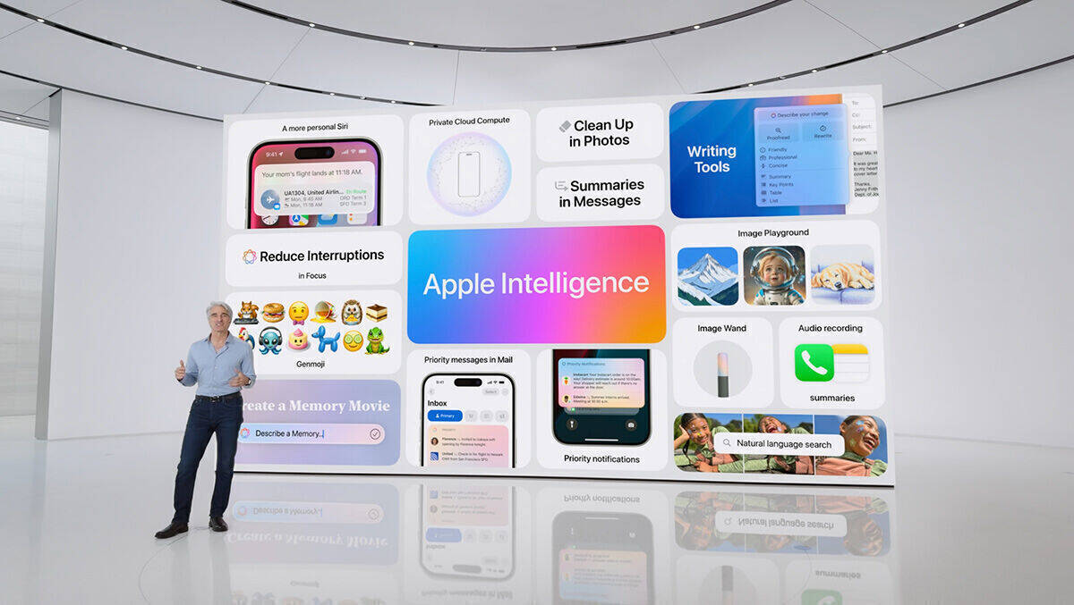 Apple Intelligence: Software-Chef Craig Federighi zeigt einige der Funktionen.