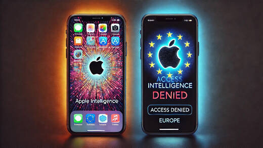 Zwei iPhones: ein heller und beleuchteter Bildschirm mit der Aufschrift 'Apple Intelligence', und ein dunkler Bildschirm mit der Aufschrift 'Zugang verweigert'.