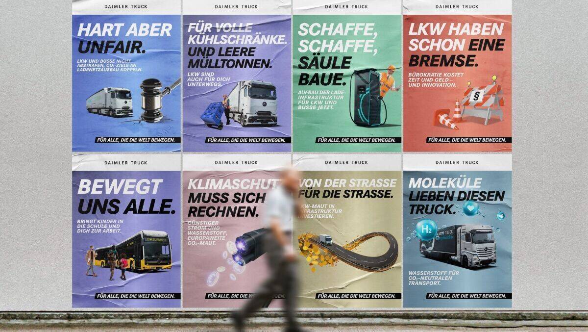 Mit verschiedenen Motiven macht Daimler Truck auf große Branchenprobleme aufmerksam.