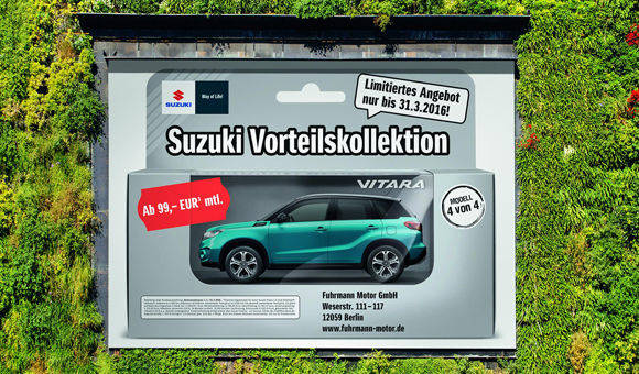 Suzuki setzt auf eine gemeinsame Klammer, die für verschiedene Zielgruppen funktioniert: Die Fahrzeuge werden in Modellautoverpackungen gezeigt.