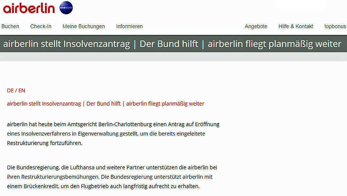 Es ist offiziell: Air Berlin meldet Insolvenz an